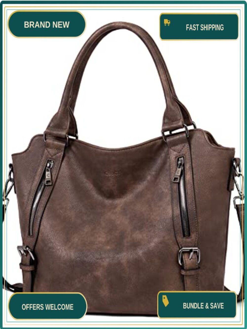 Large Vegan Leather Hobo Bag Multi-Pocket Shoulder Purse